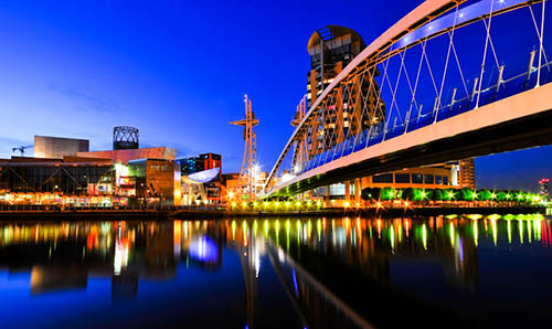 Sunset skyline of Salford Quays