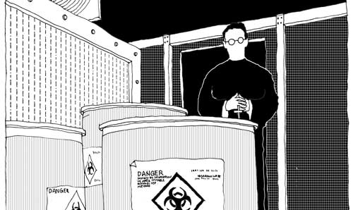 Drawing of a man in a black cloak holding a cross, stood next to large containers labeled 'Danger'.